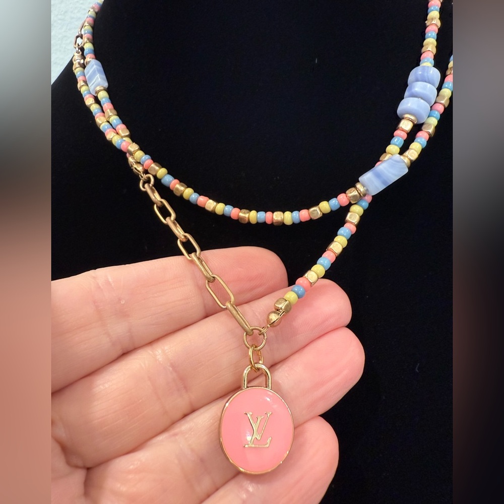 LV Repurposed Beaded Necklace with Gold Accents